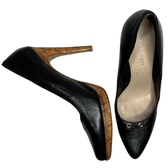 Nine West Gionata Leather and Cork Platform Heels Black 7M - Picture 1 of 17